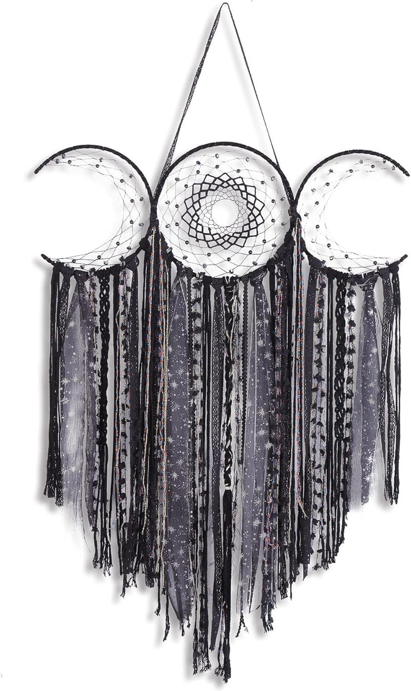ANROYE Black Triple Moon Goddess Macrame Wall Hanging, Wicca Crescent Dream Catcher for Witch Home, Dreamcatcher for Bedroom Decoration, Pagan Woven Tapestry for Wiccan Adults Decor - Image 1